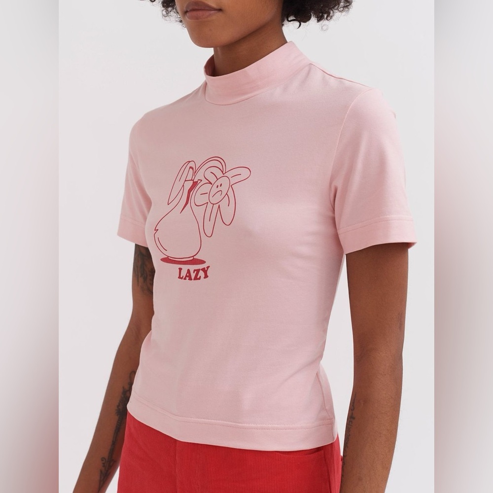 LAZY OAF Wilted Flower Mock Neck Fitted Babydoll T-Shirt Tee Top Pink Size US 14 - Picture 3 of 8